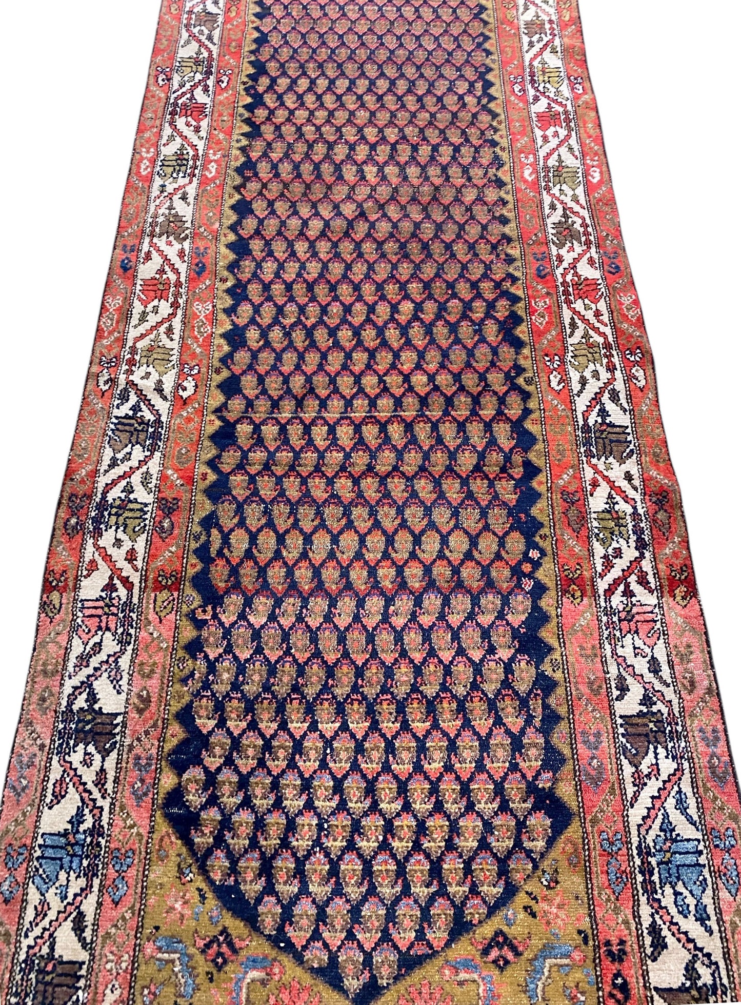 #535 Antique Malayer Paisley Design Runner in Red, Orange, and Blue 3'8 by 16'