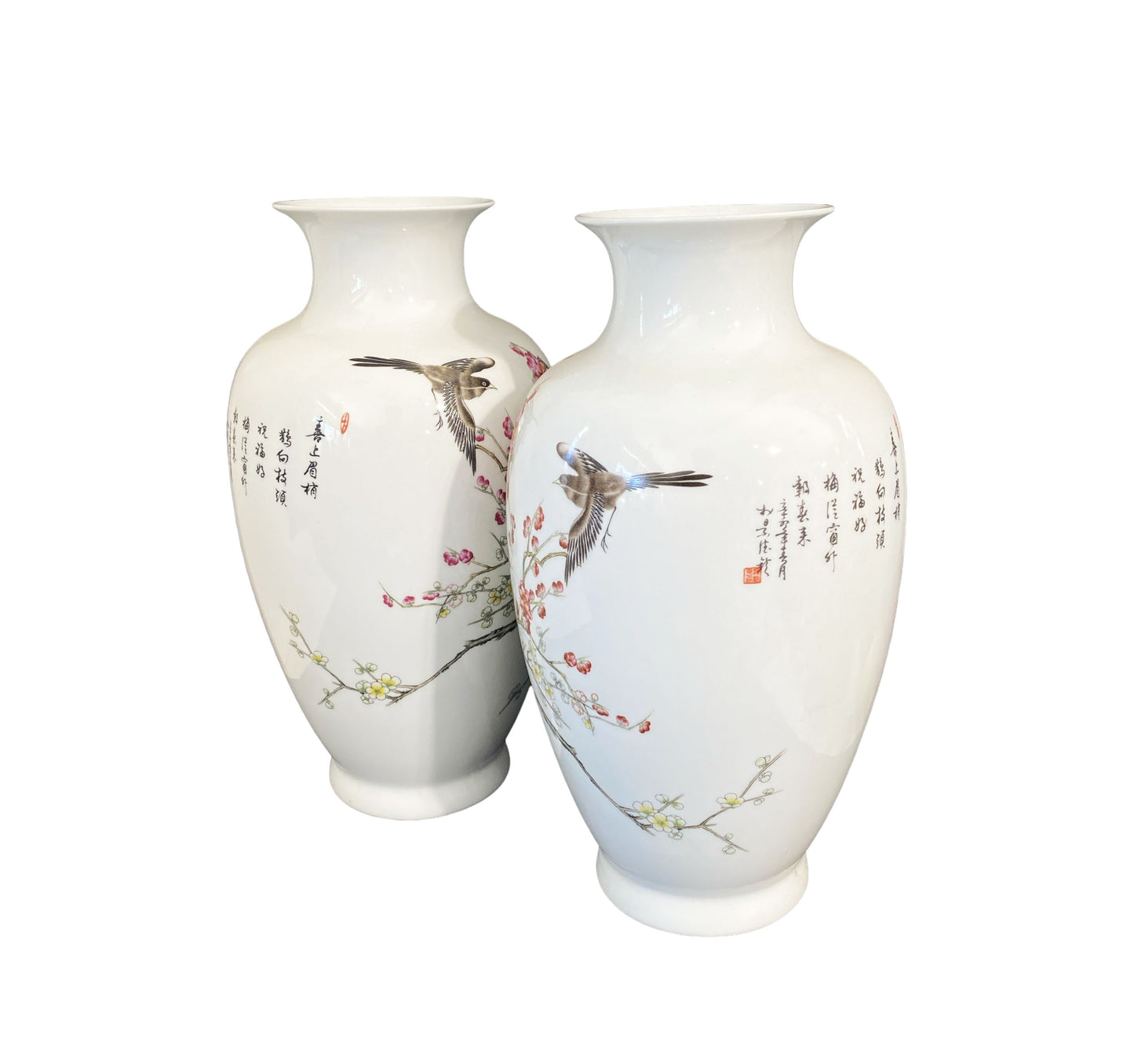 #6133  Chinoiserie Pair of Porcelain Egg Shell Vases  14" H