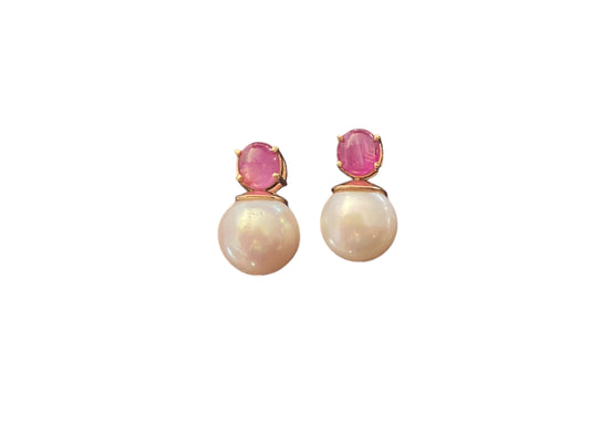 #6322 Elegant  Earrings 18k gold with pearls, rubies