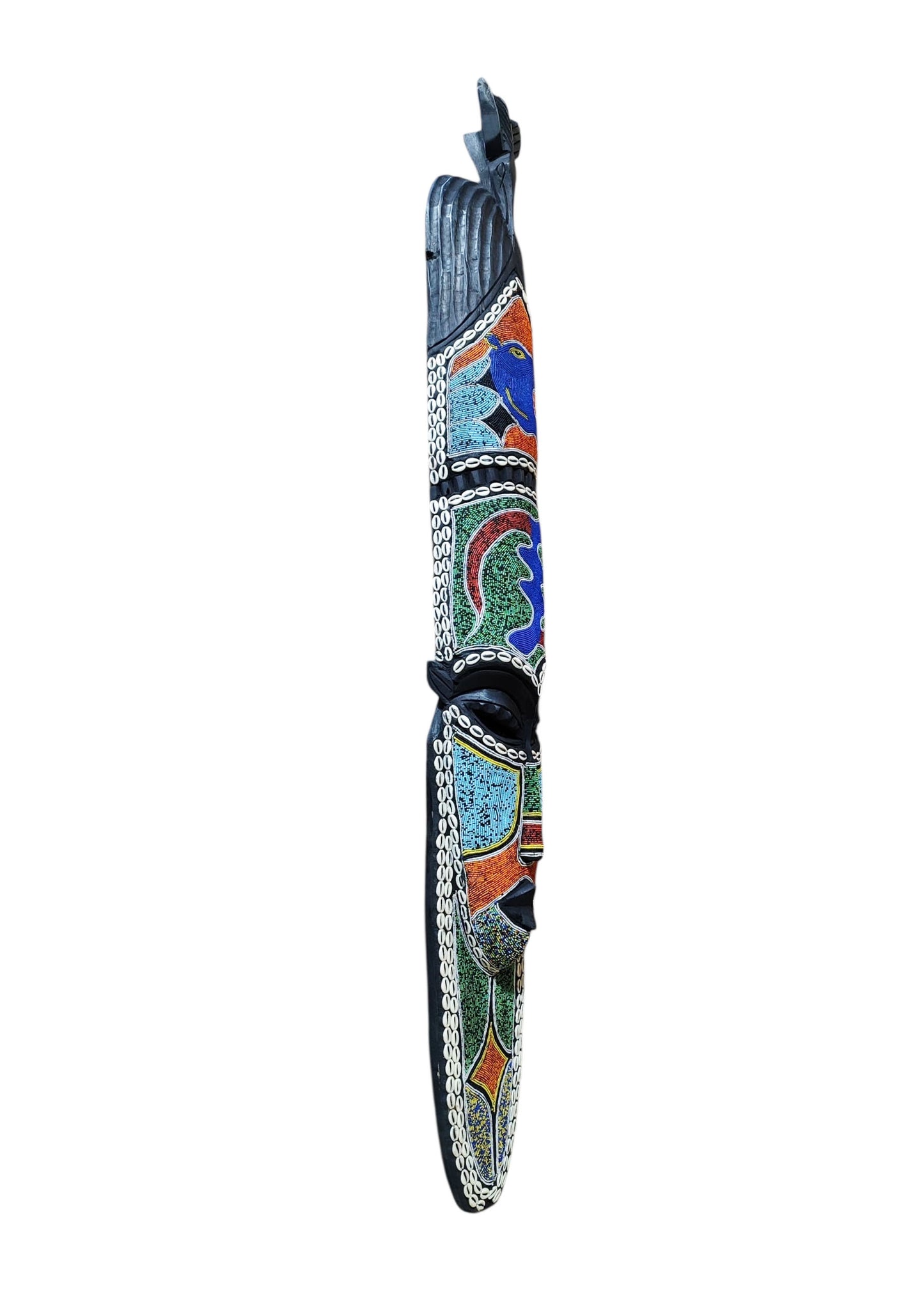 #6836  Large African  Beaded Ghana Bakota Hand Carved  Mask Wall Art 62.5" H