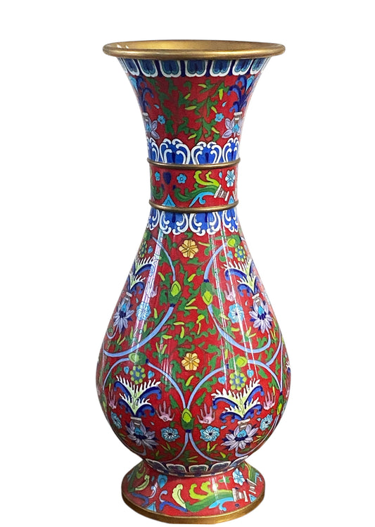#6584 Chinoiserie Vintage  Enamel vase Decorated W/Flowers 15" H