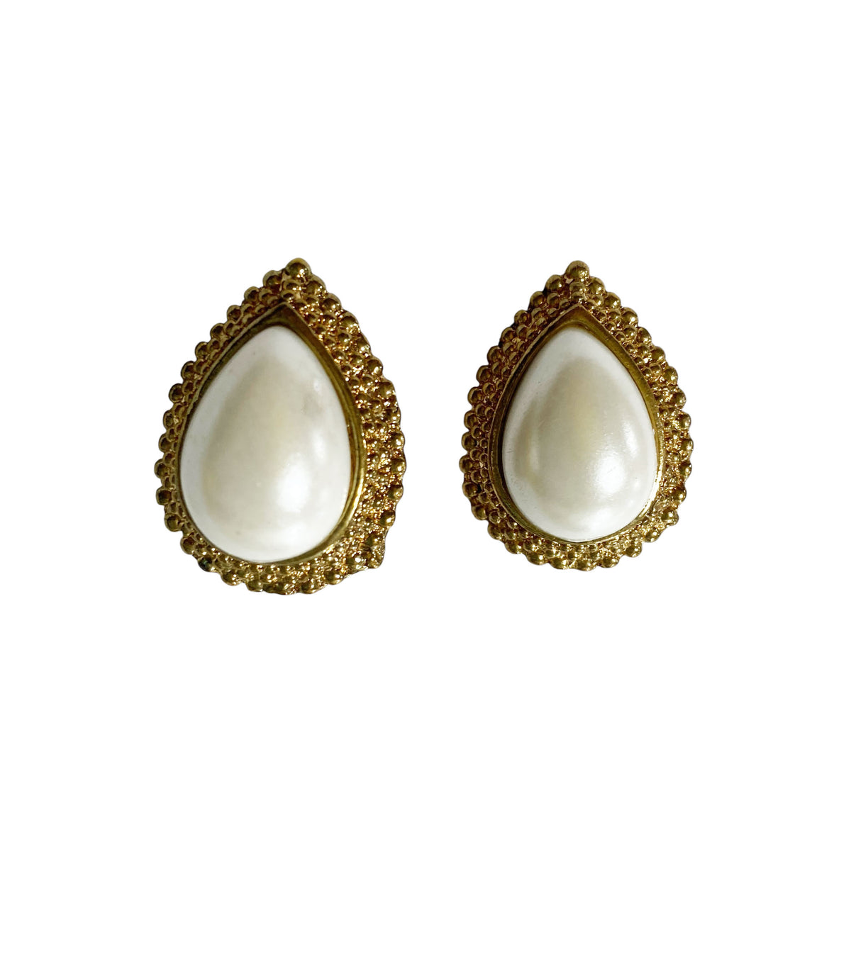 #62 Vintage Faux Pearl Earrings Pear Shape Rhinestones Clip On Gold Tone