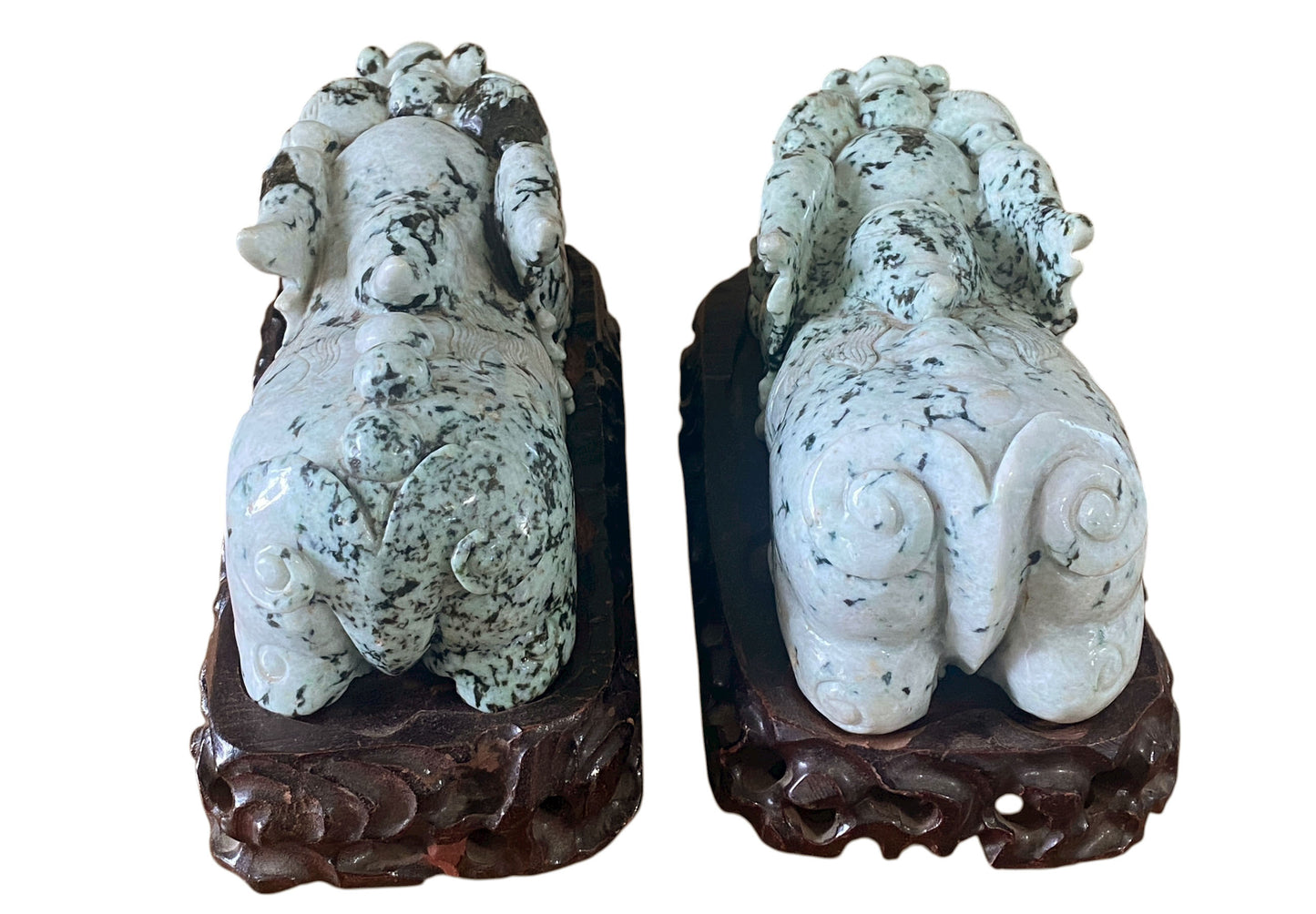 #425 Vintage LG Pair of Jadeite Jade foo /Fortune dogs on Stand 9" W