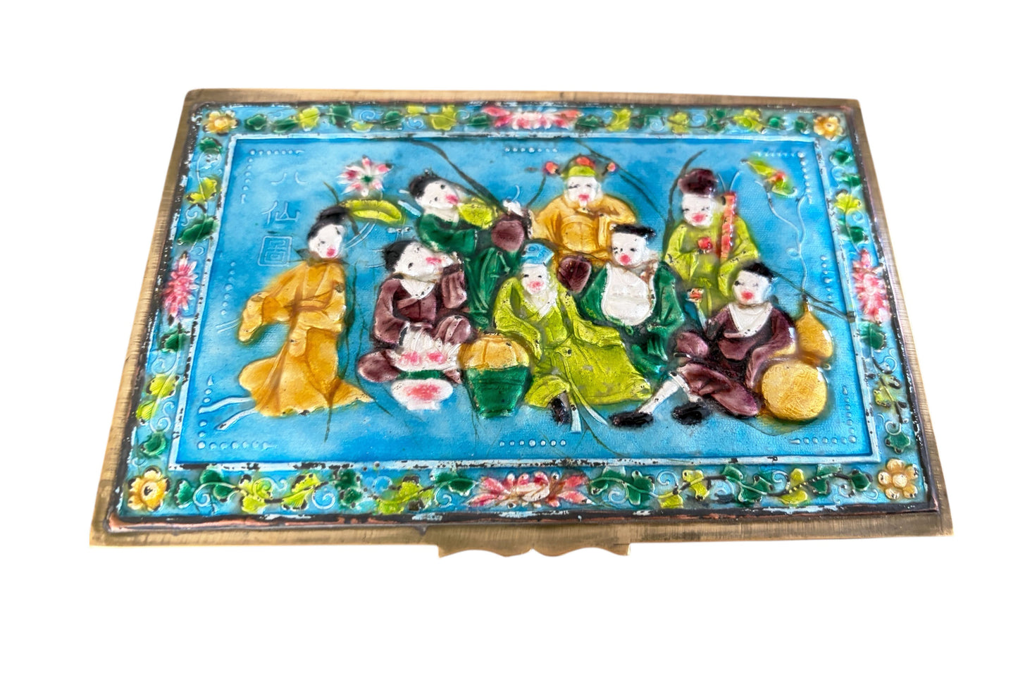 #630 Vintage Chinoiserie  Enamel Repousse on Brass Hinged Chinese Box