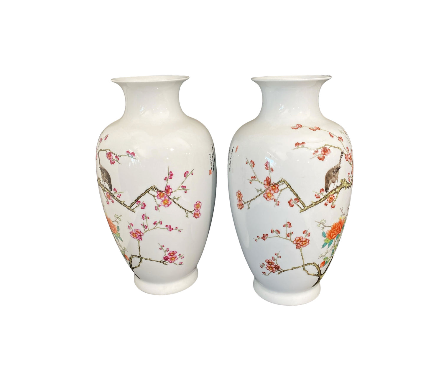 #6133  Chinoiserie Pair of Porcelain Egg Shell Vases  14" H