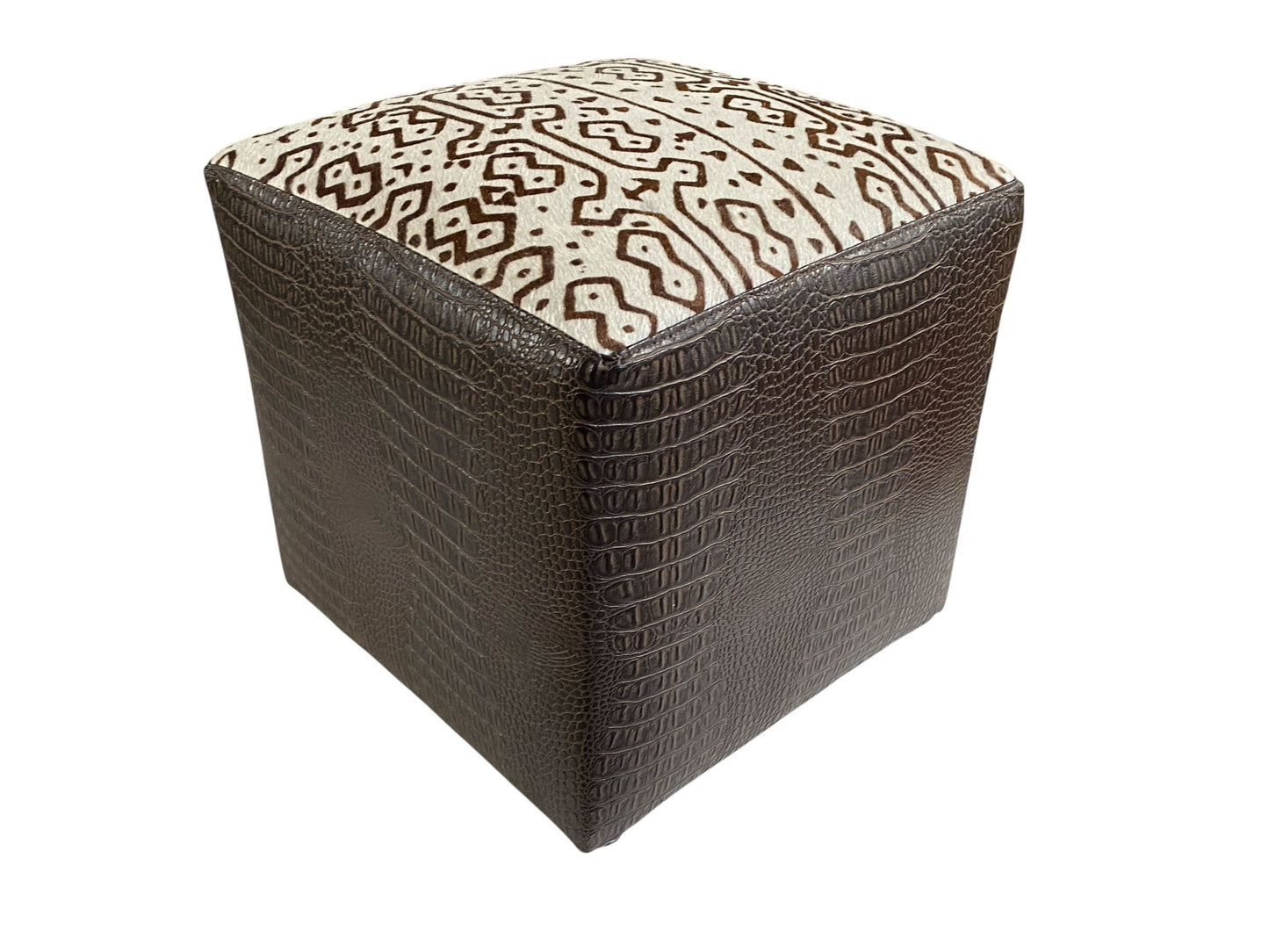 #7341 Custom Made Square Brown and White Ottoman w/Leather Top 13.5" H