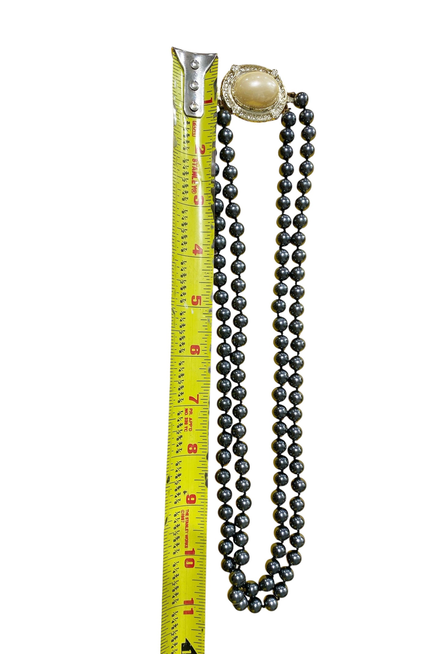 #22 Long Vintage two Strand Faux Black Pearl with Beige  Focal Necklace