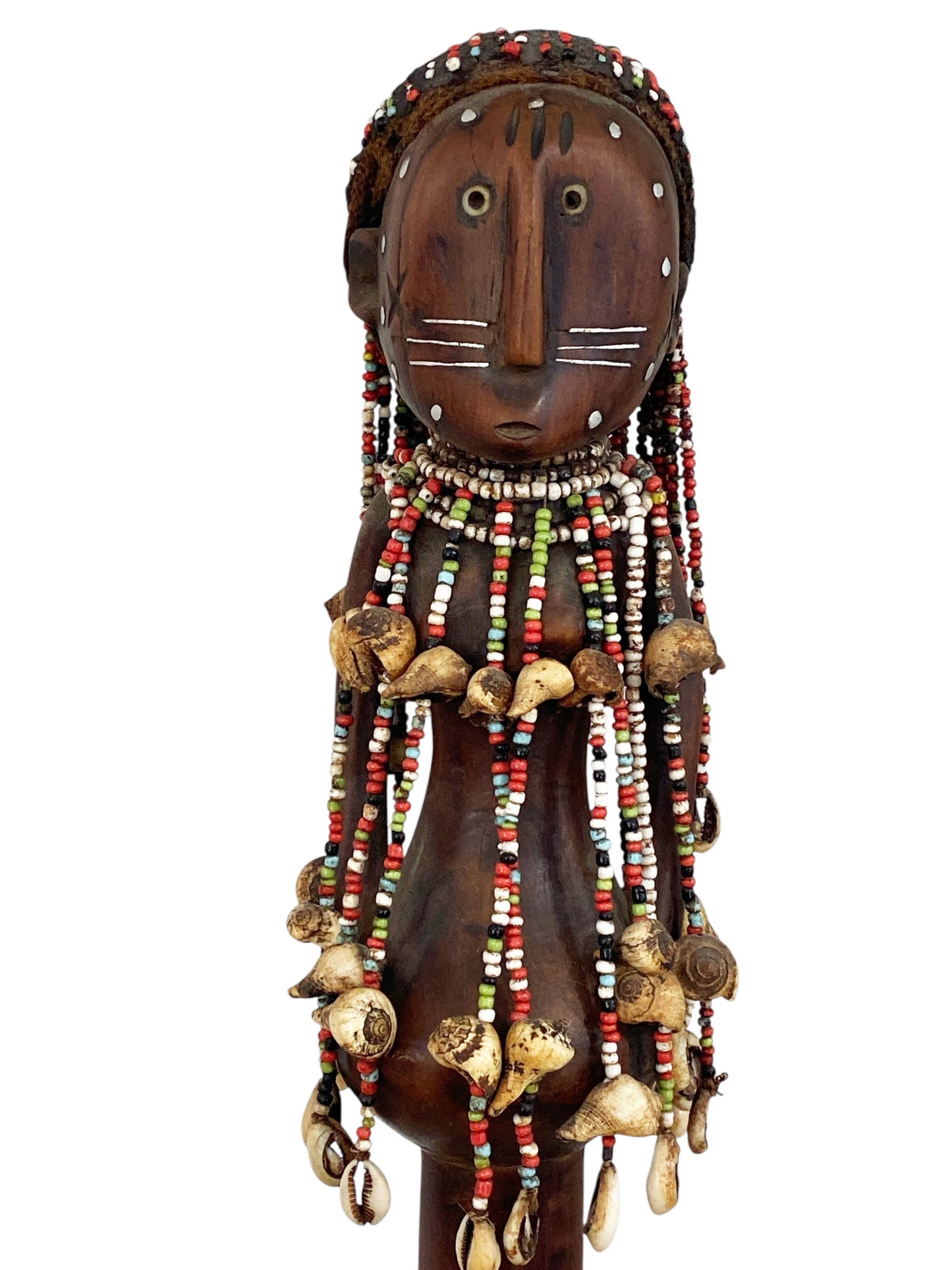#1163 LG Vintage African Carved Wood w/ Trade Beads Shells  Namji Fertility Doll 31" H