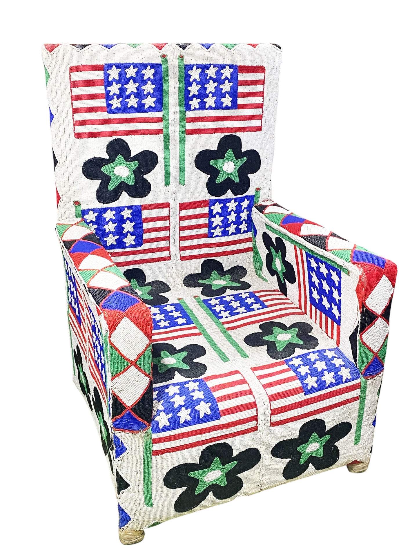 #1141 Vintage  African Nobility Nigerian Yoruba Beaded ArmChair W/ Stylized American flags.