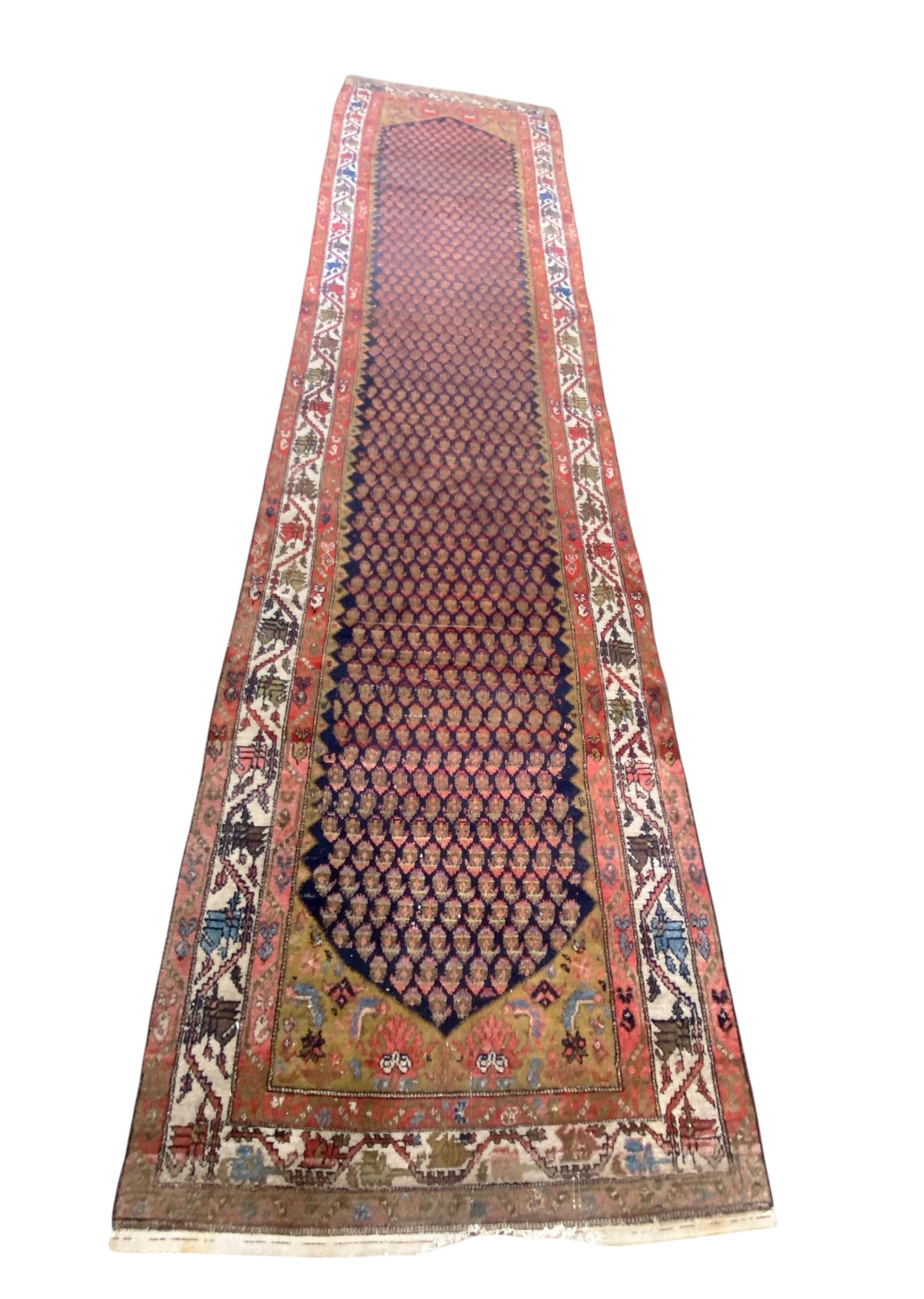 #535 Antique Malayer Paisley Design Runner in Red, Orange, and Blue 3'8 by 16'