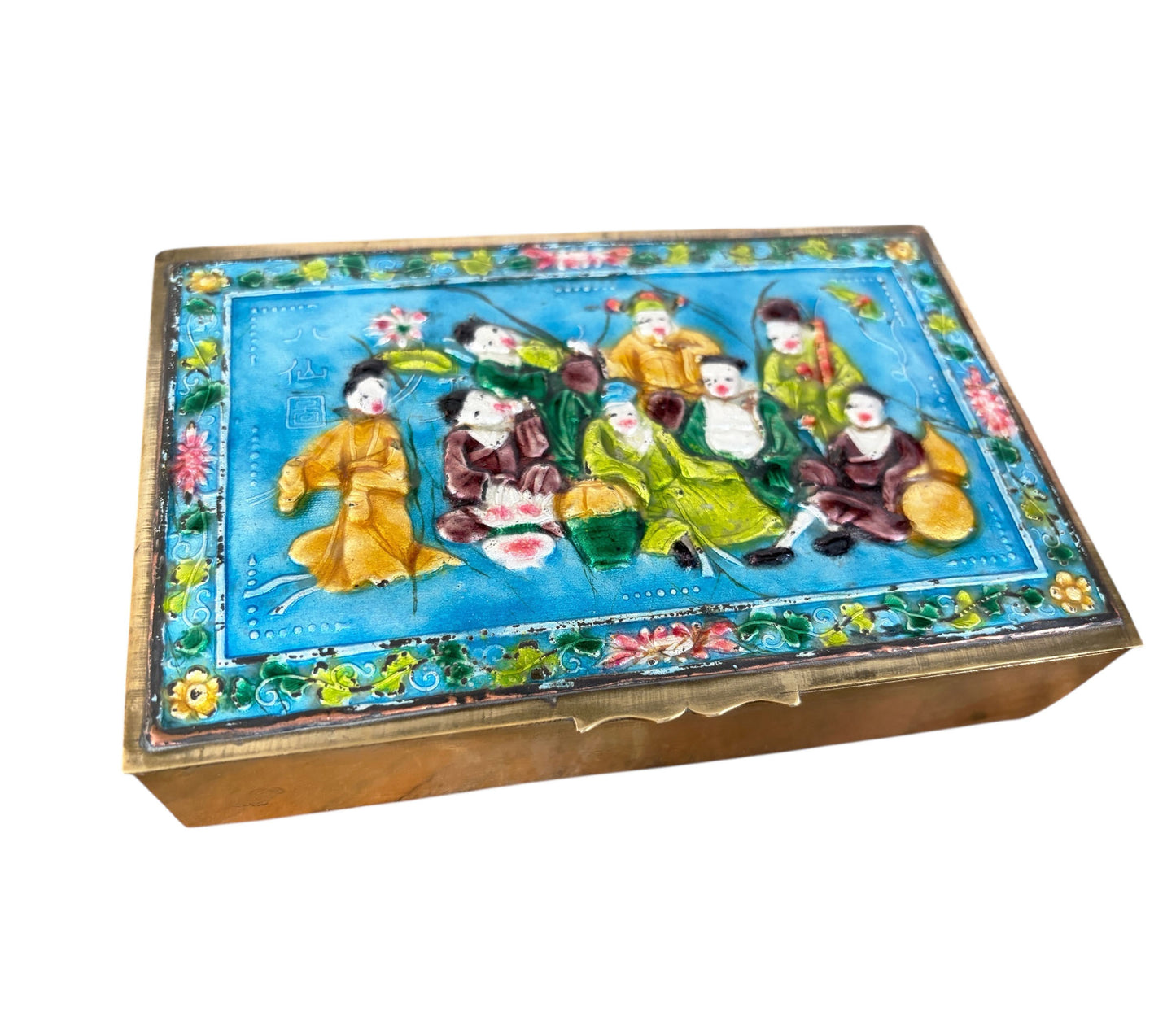 #630 Vintage Chinoiserie  Enamel Repousse on Brass Hinged Chinese Box