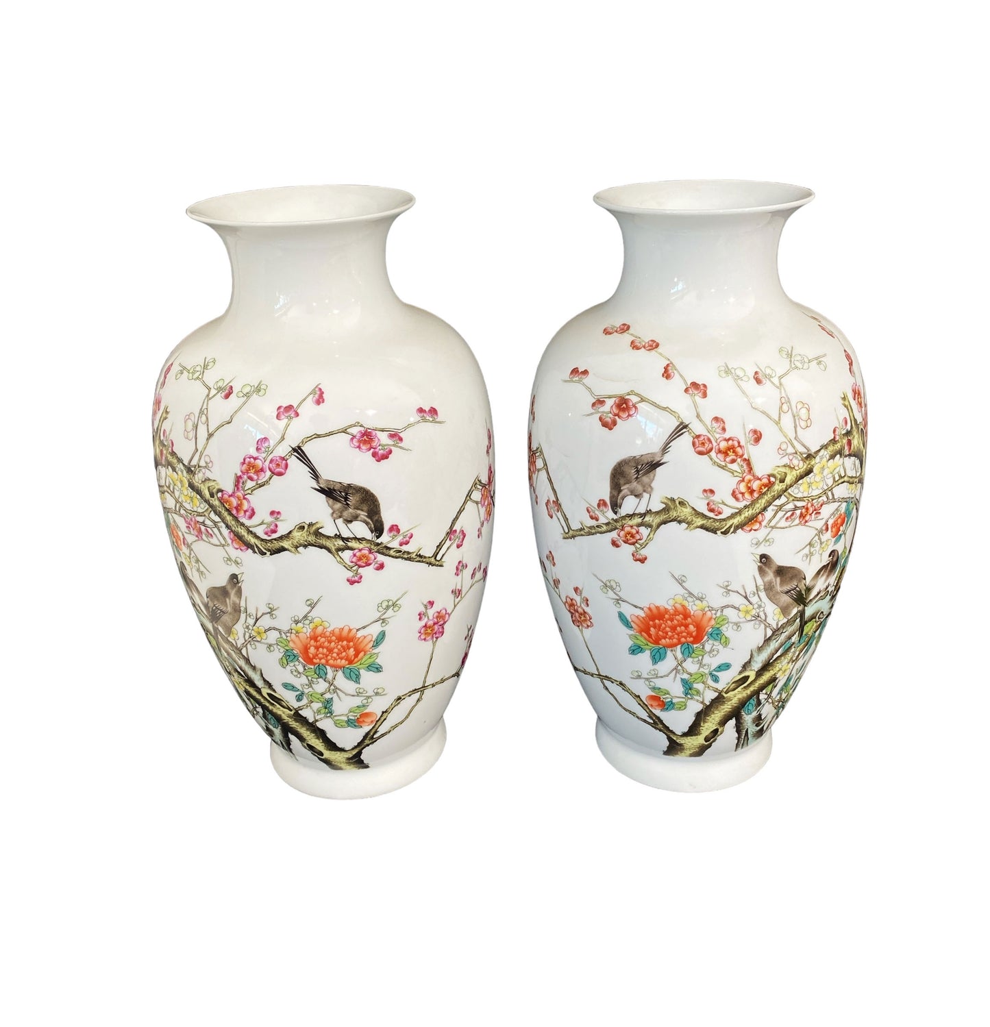 #6133  Chinoiserie Pair of Porcelain Egg Shell Vases  14" H