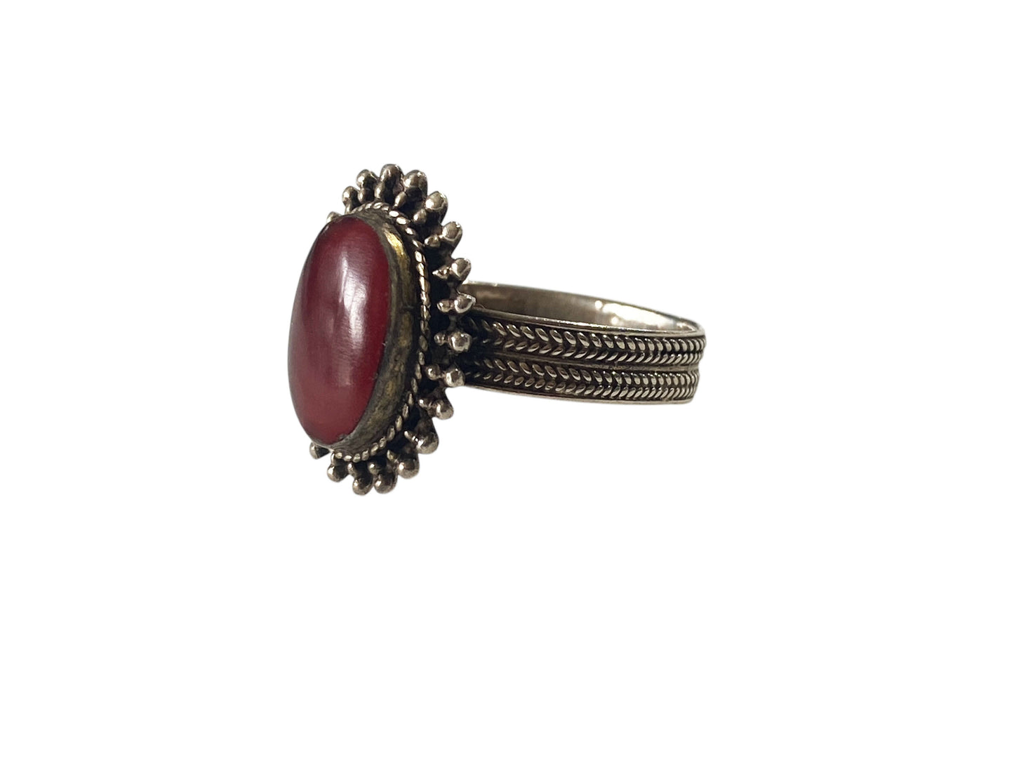 #6331 Vintage  Silver With Garnet Stone  Ring  Size 7 Jaipur India