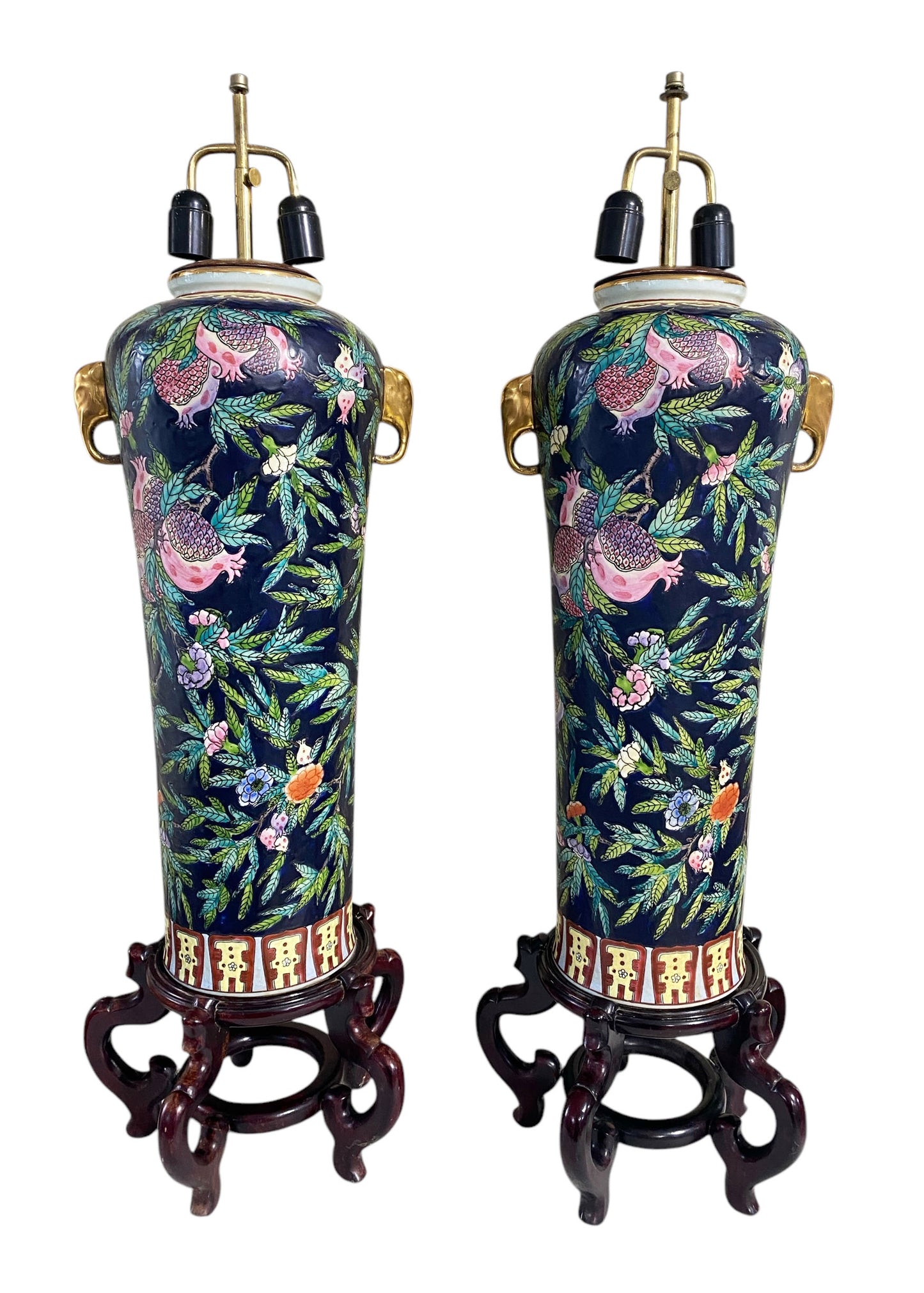 #6416 Vintage Pair of Chinoiserie Porcelain Famille Rose lamps on stands  39" H