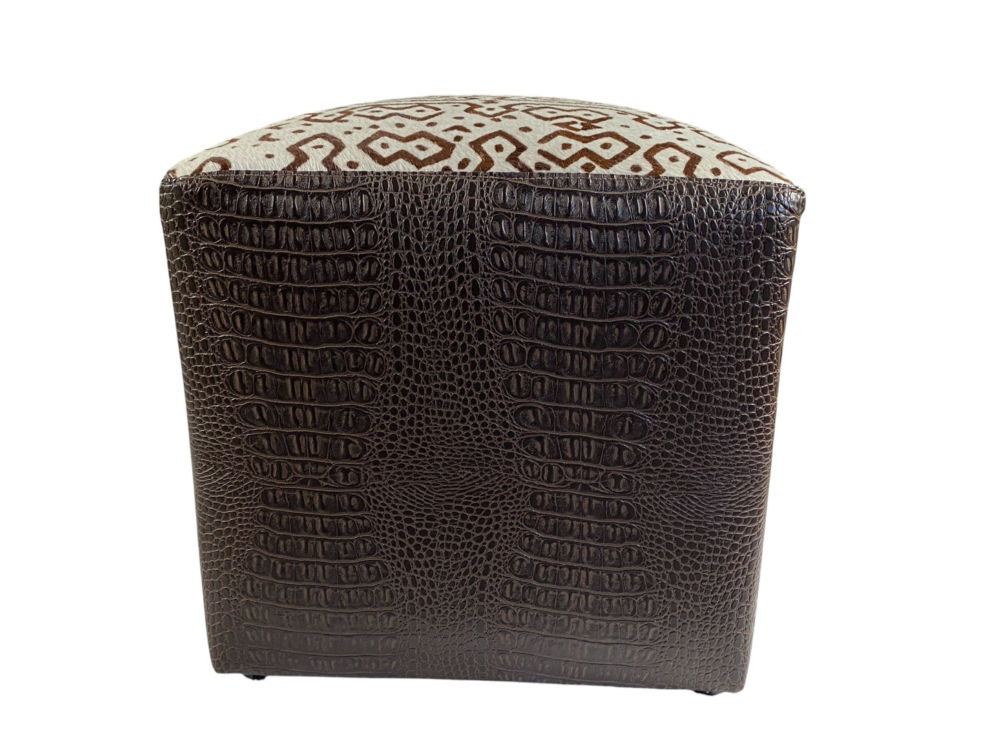 #7341 Custom Made Square Brown and White Ottoman w/Leather Top 13.5" H