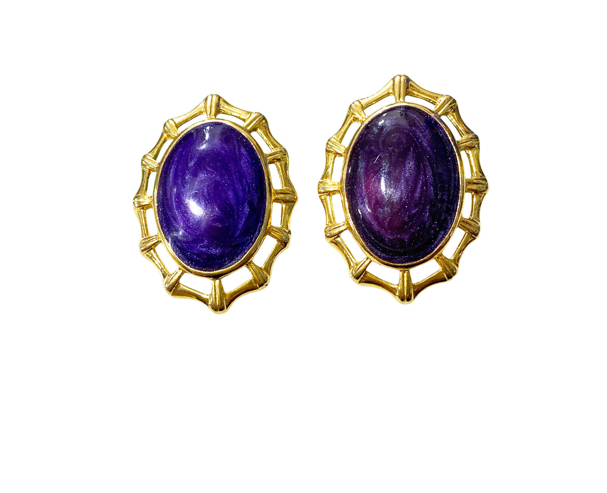 #78 Vintage Large Clip on Oval Purple & Gold Tone Chunky Earrings  Retro Statement