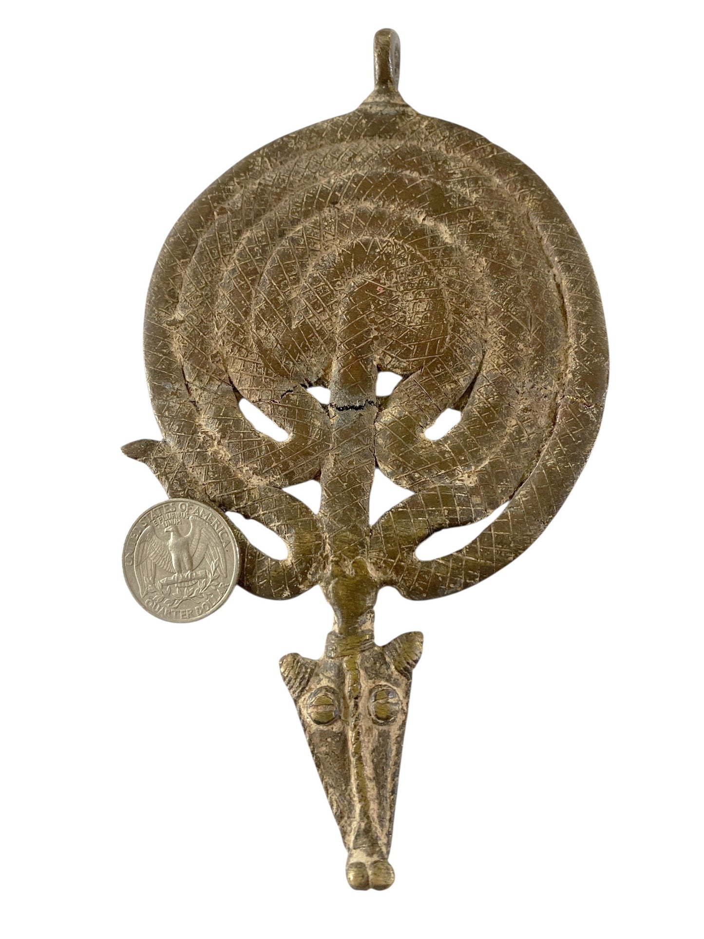 #1182 Superb Gan Bronze Amulet Pendant of Ornate Serpent Burkina Faso Africa 7" H