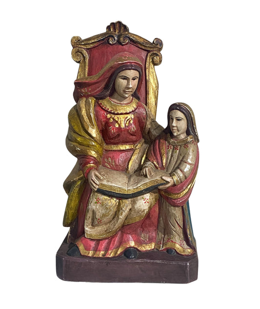 #193 Superb South American circa 1950 hand carved wood St Anne teaching Child Mary