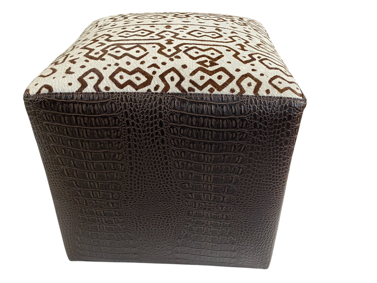 #7341 Custom Made Square Brown and White Ottoman w/Leather Top 13.5" H