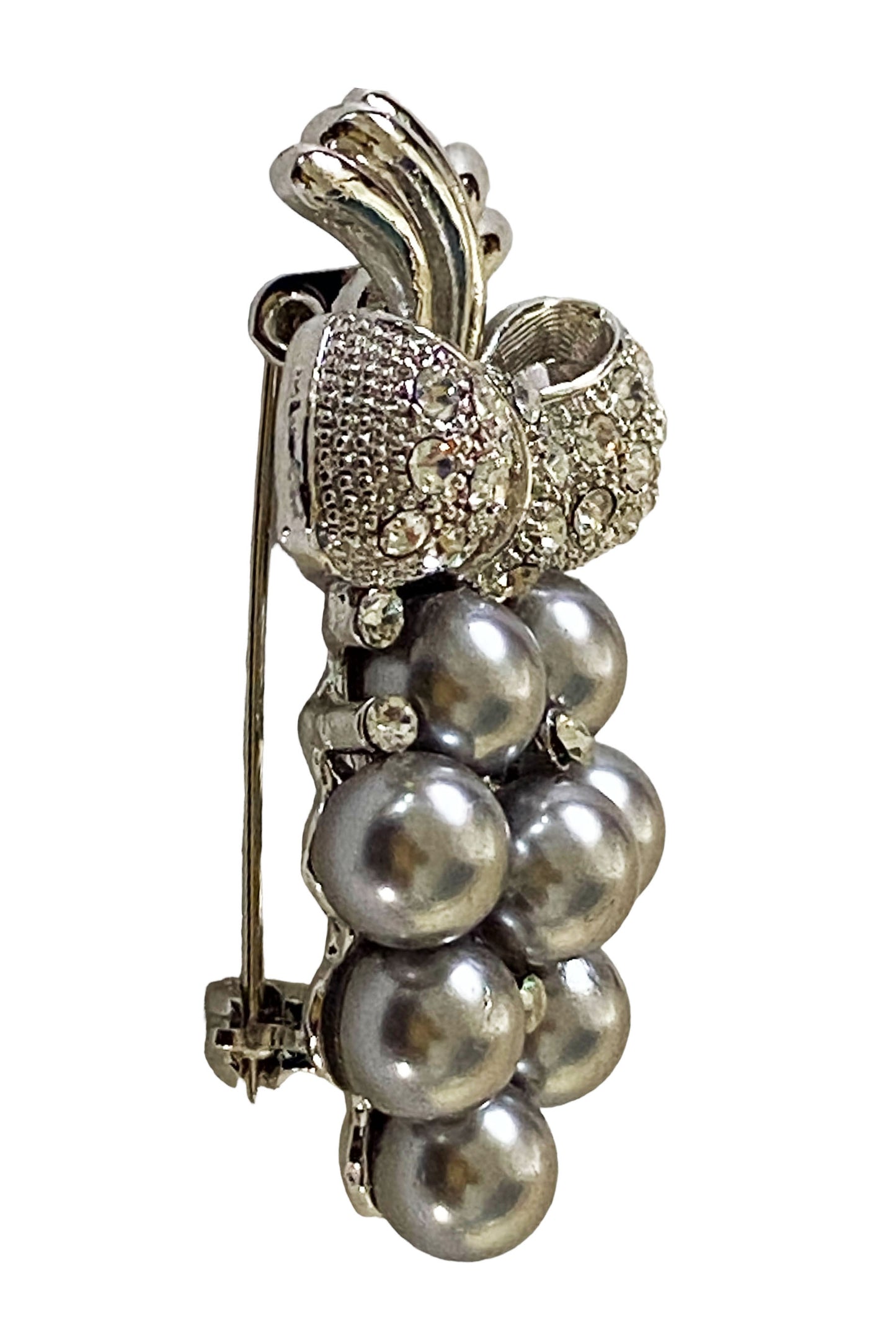 #7185 Vintage Brooch/ Pin Silver Tone Grape Faux Pearl & Rhinestones 1.5 Inch