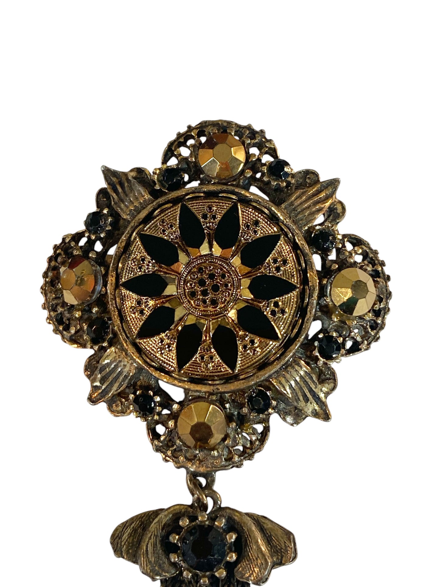 #6299 Vintage Complex Black Rhinestone Stylized Floral Gilt Filigree Pendant/ Brooch