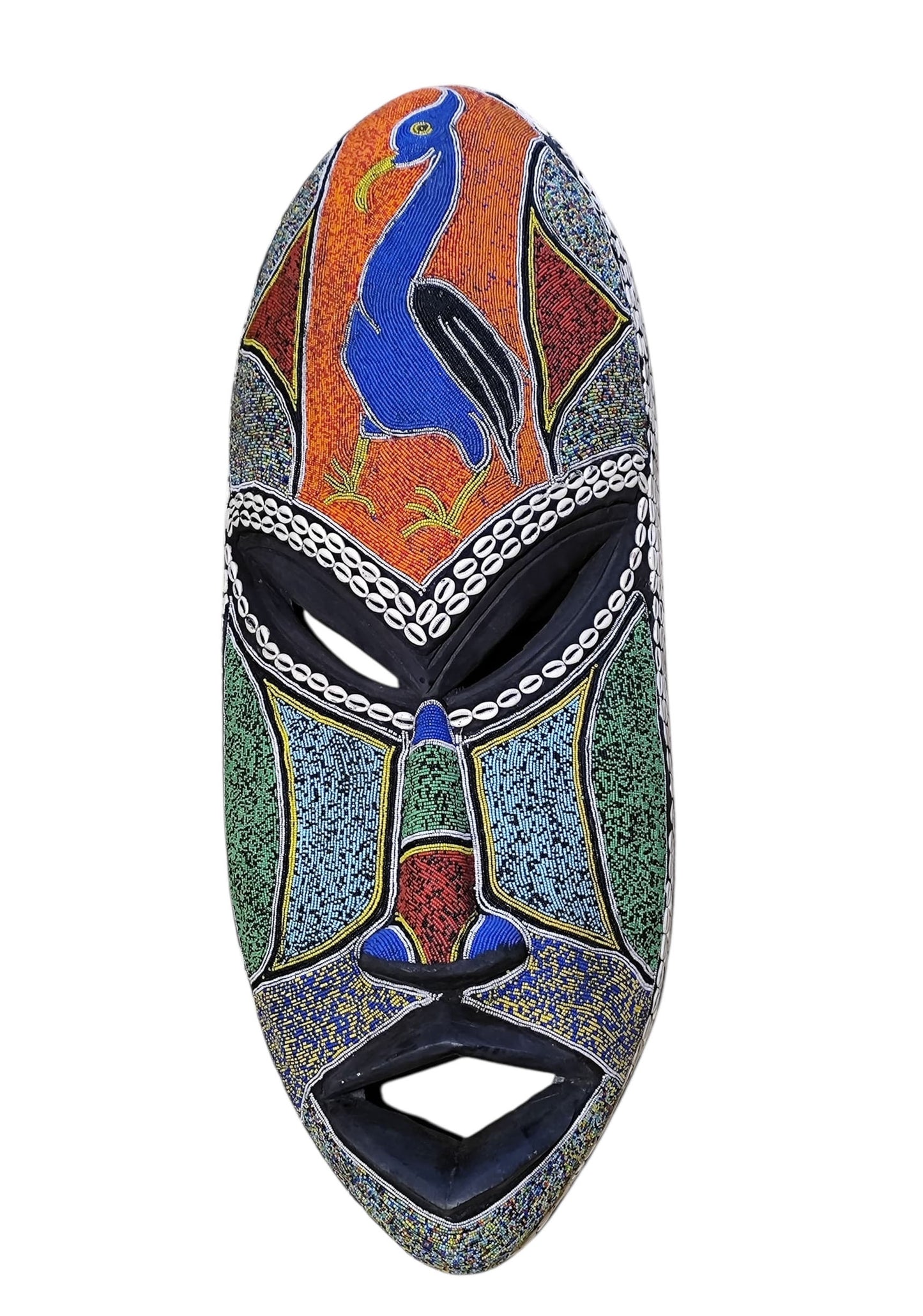 #6834  Large African  Beaded Ghana Bakota Hand Carved  Mask Wall Art 37.5" H
