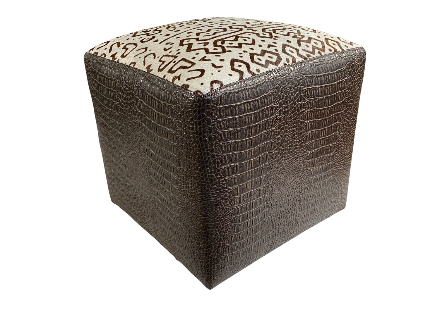 #7341 Custom Made Square Brown and White Ottoman w/Leather Top 13.5" H