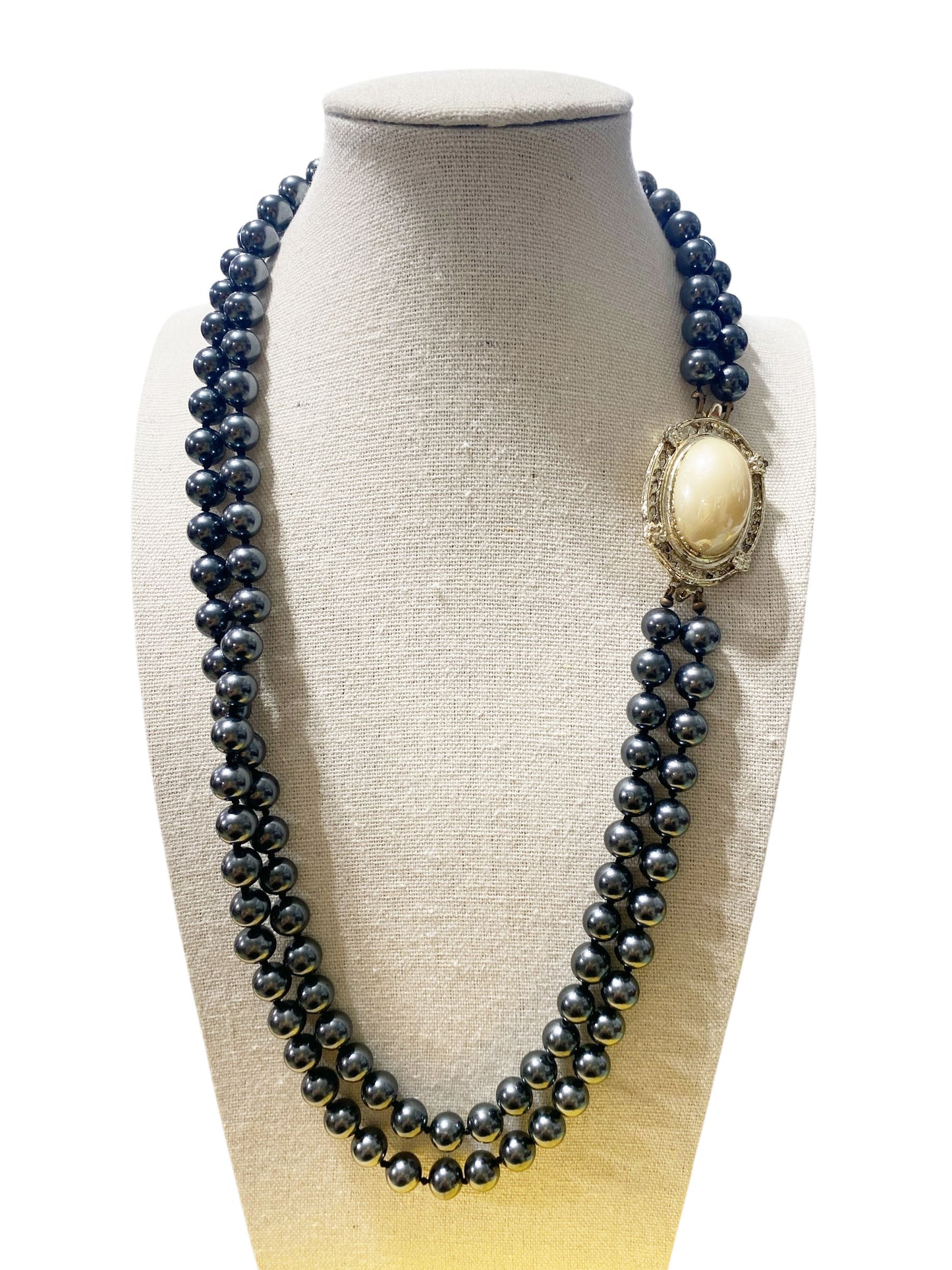 #22 Long Vintage two Strand Faux Black Pearl with Beige  Focal Necklace