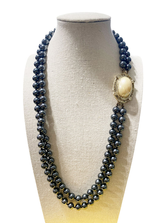 #22 Long Vintage two Strand Faux Black Pearl with Beige  Focal Necklace