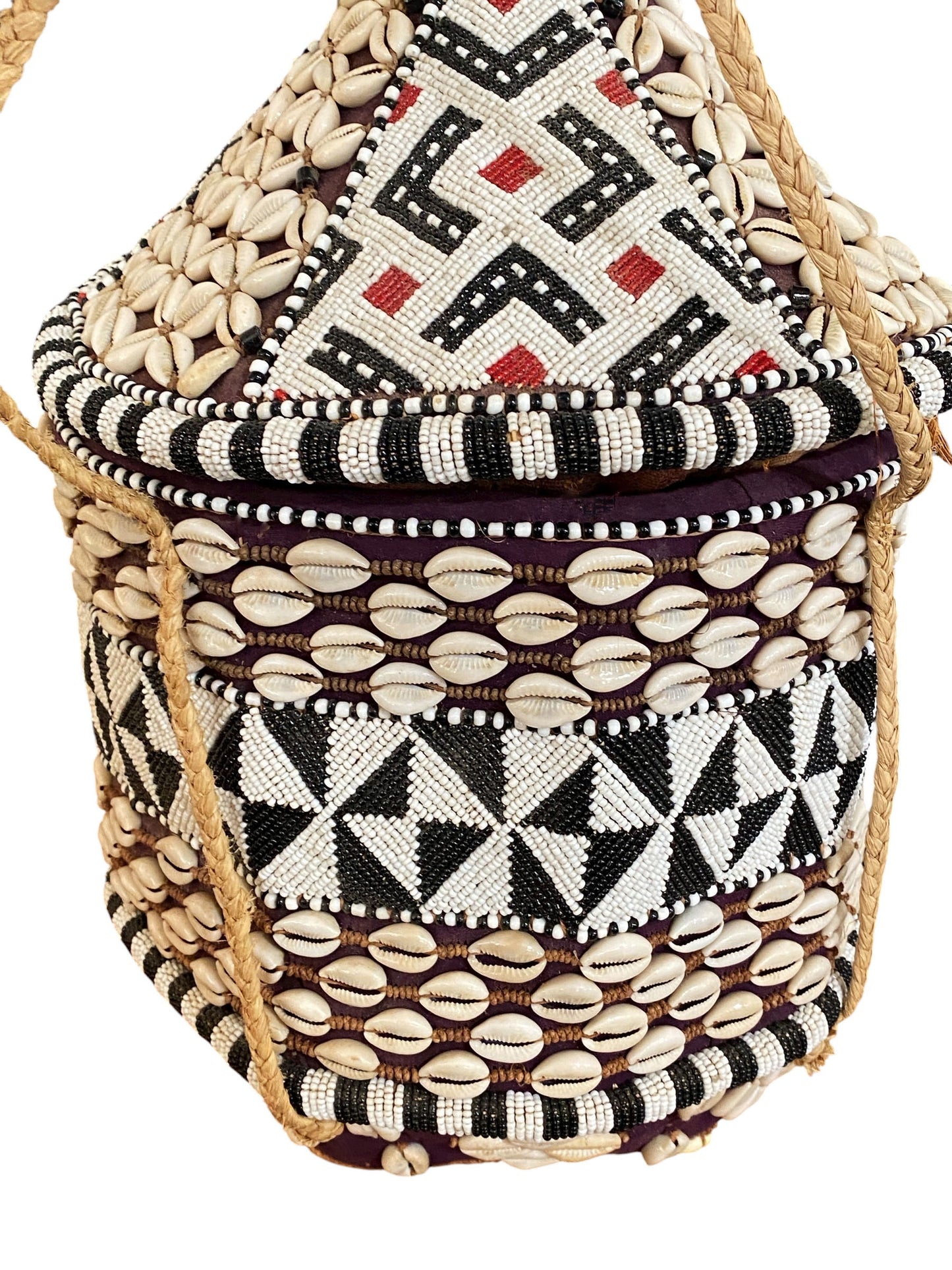 #1120 Vintage Large Kuba Royal Beaded Basket Congo 24" H