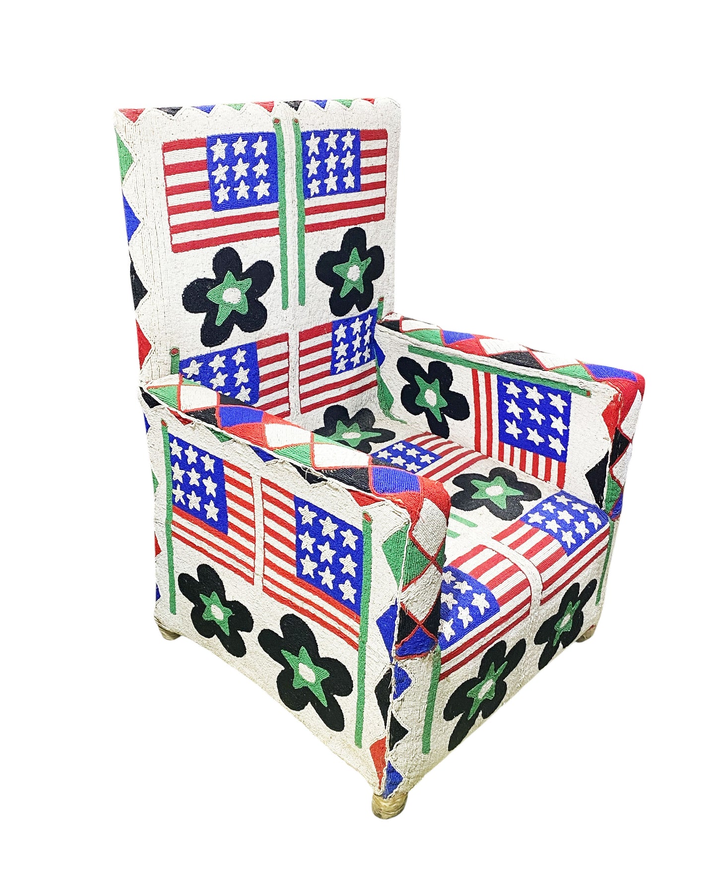 #1141 Vintage  African Nobility Nigerian Yoruba Beaded ArmChair W/ Stylized American flags.