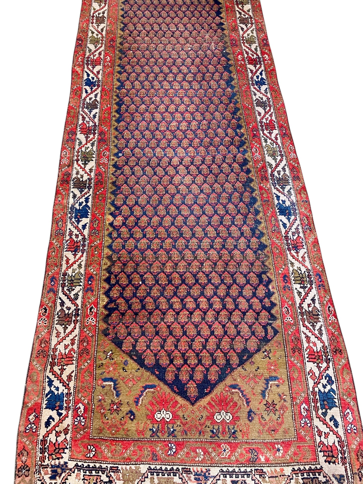 #535 Antique Malayer Paisley Design Runner in Red, Orange, and Blue 3'8 by 16'