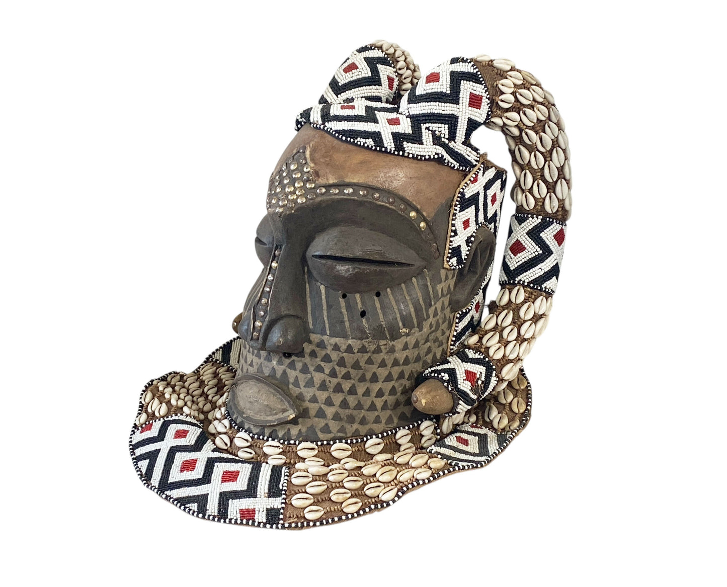 #6807 Vintage Large African Tribal Kuba Royal Head Mask Congo 15" H