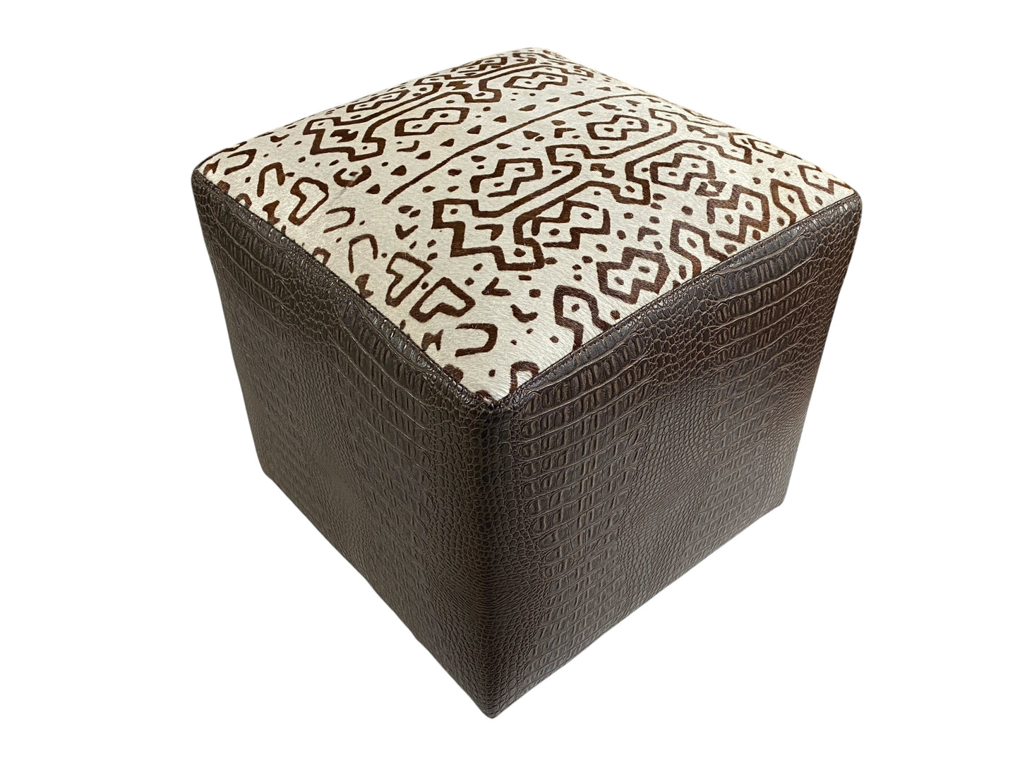 #7341 Custom Made Square Brown and White Ottoman w/Leather Top 13.5" H