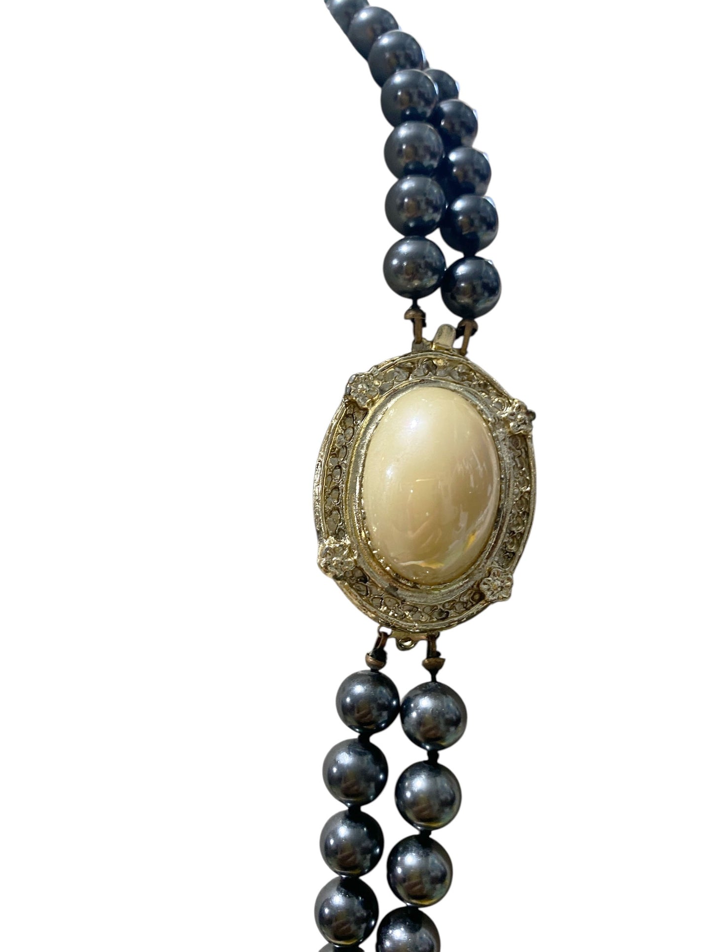#22 Long Vintage two Strand Faux Black Pearl with Beige  Focal Necklace