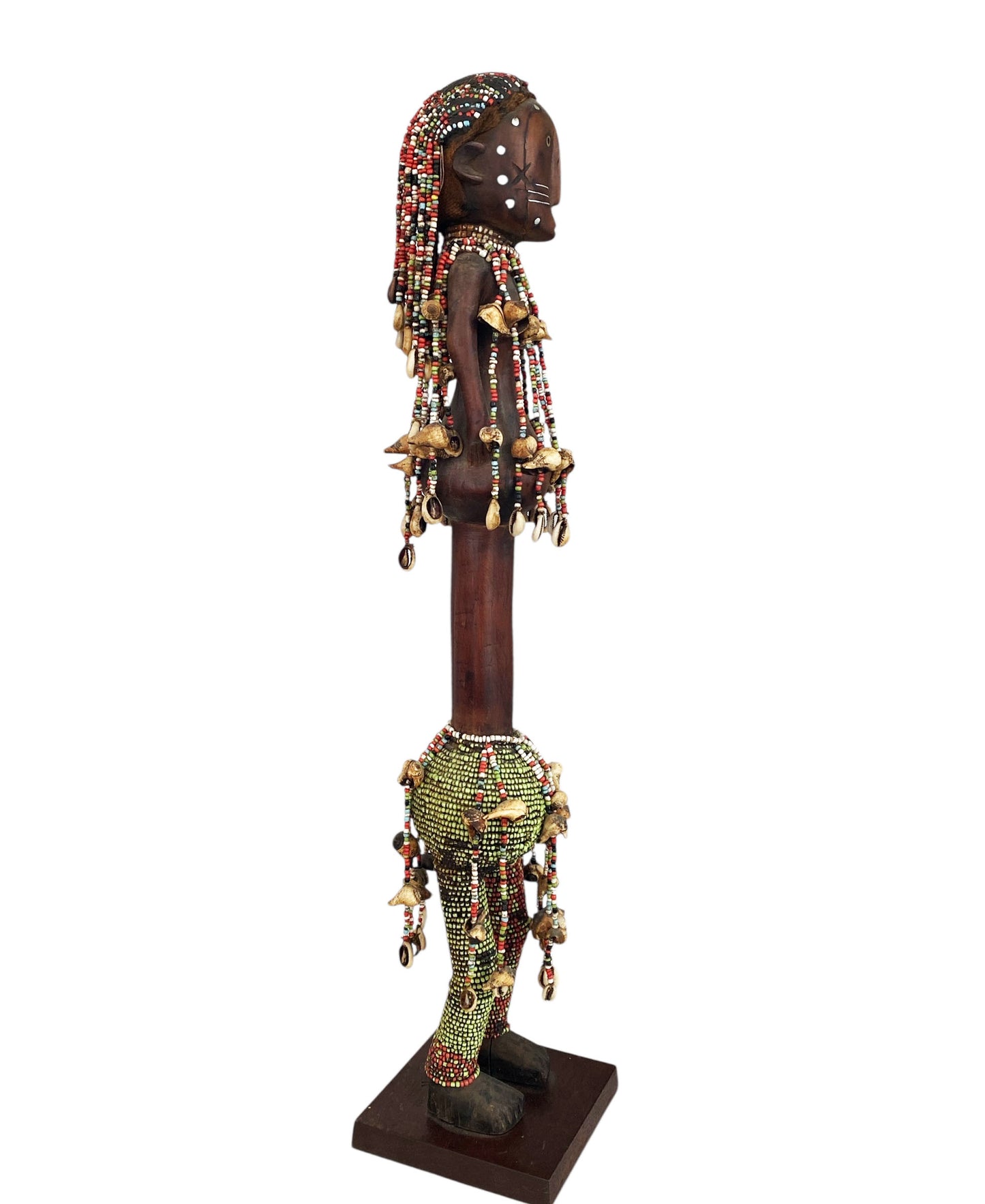 #1163 LG Vintage African Carved Wood w/ Trade Beads Shells  Namji Fertility Doll 31" H