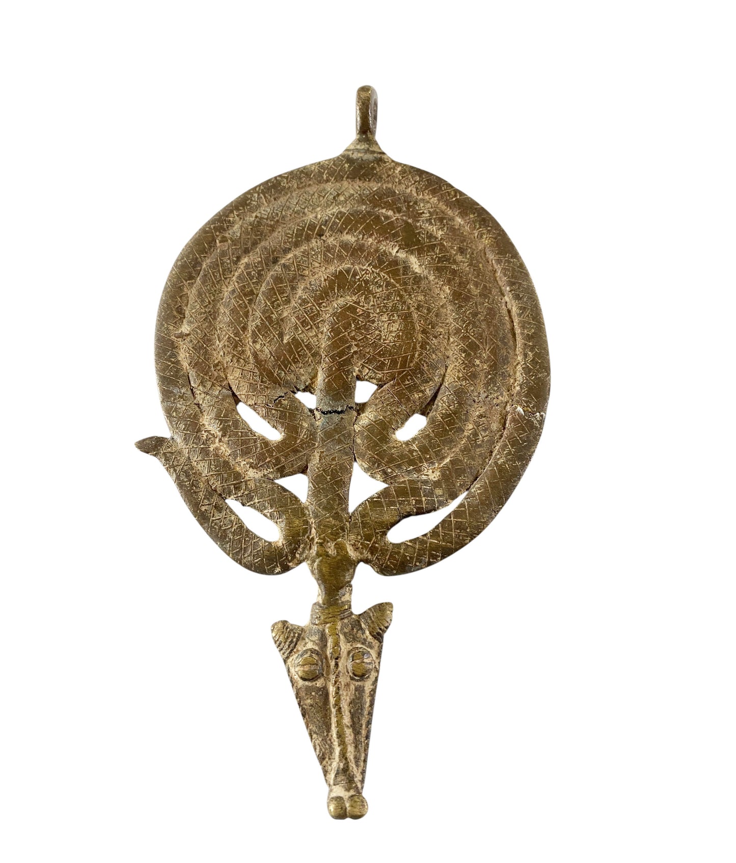 #1182 Superb Gan Bronze Amulet Pendant of Ornate Serpent Burkina Faso Africa 7" H