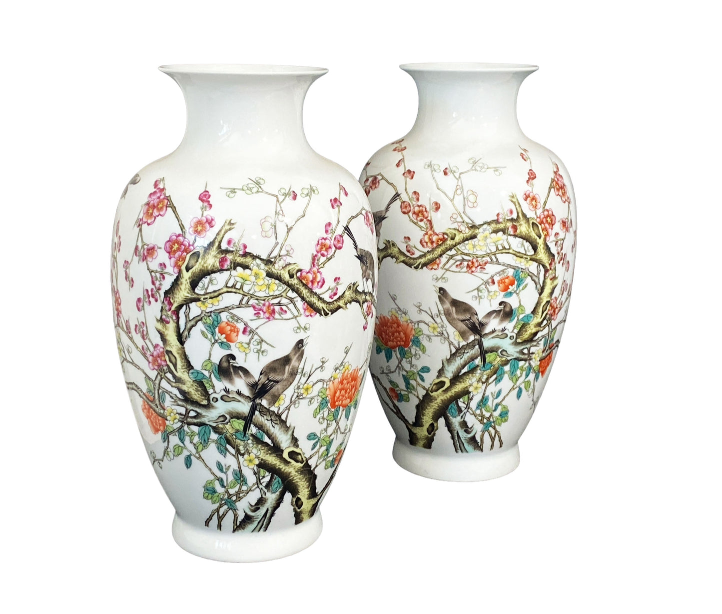 #6133  Chinoiserie Pair of Porcelain Egg Shell Vases  14" H