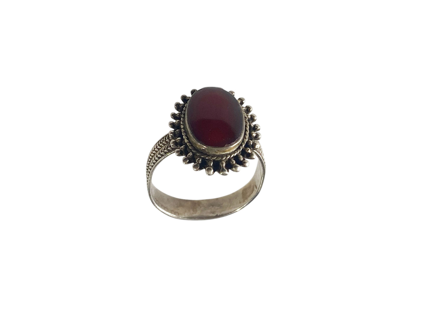 #6331 Vintage  Silver With Garnet Stone  Ring  Size 7 Jaipur India