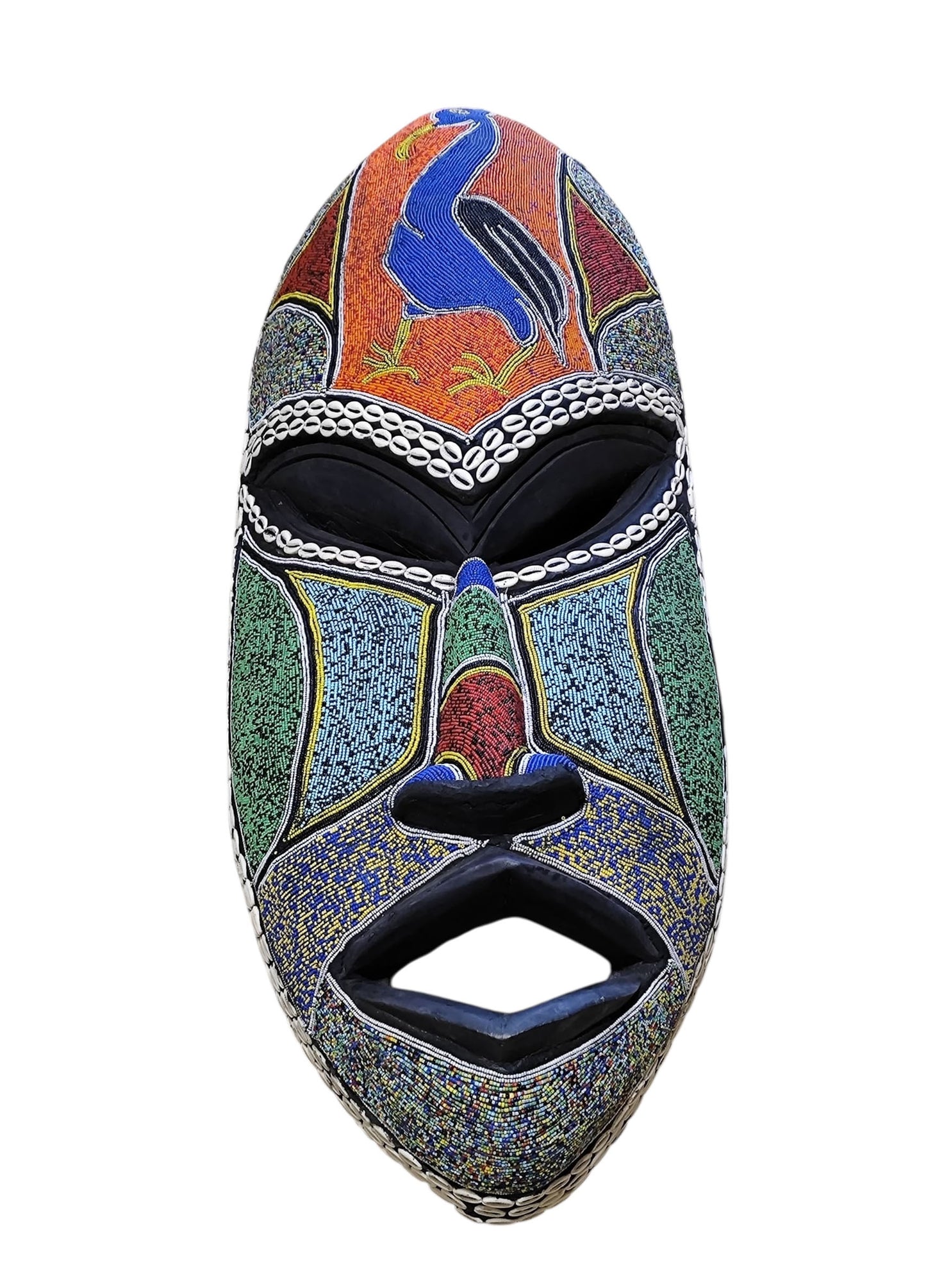 #6834  Large African  Beaded Ghana Bakota Hand Carved  Mask Wall Art 37.5" H