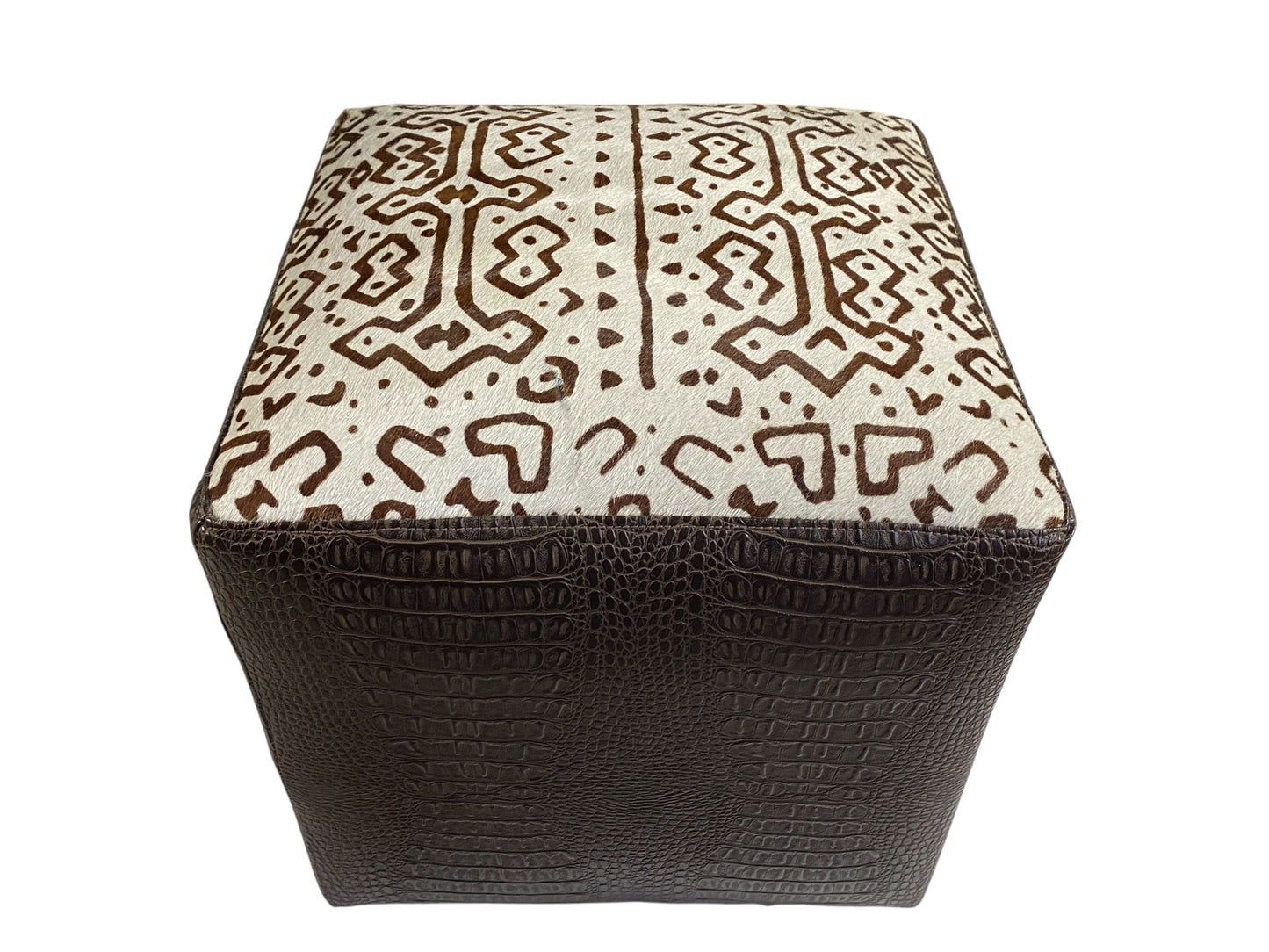 #7341 Custom Made Square Brown and White Ottoman w/Leather Top 13.5" H