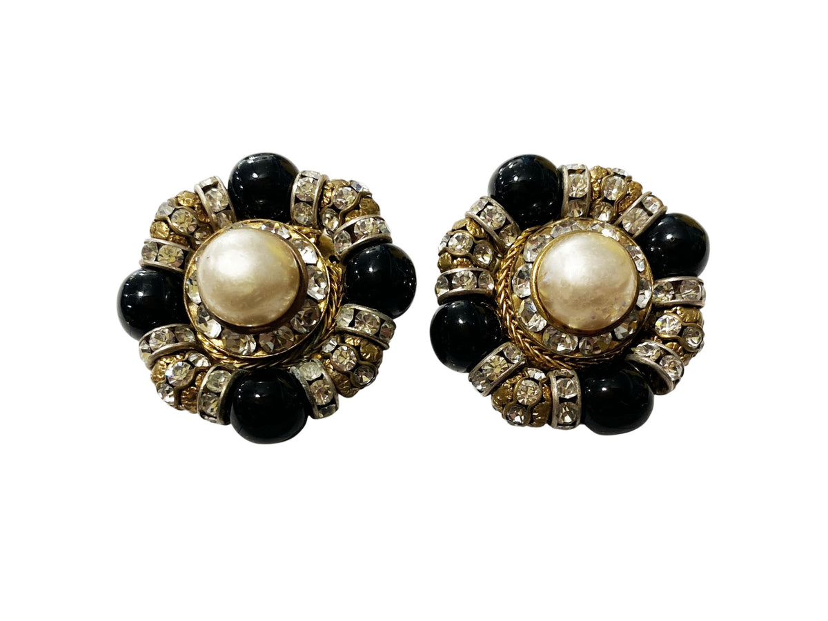 #41 Vintage Mid-Century Faux Diamond & Beige and black Pearls  cluster clip-on earrings