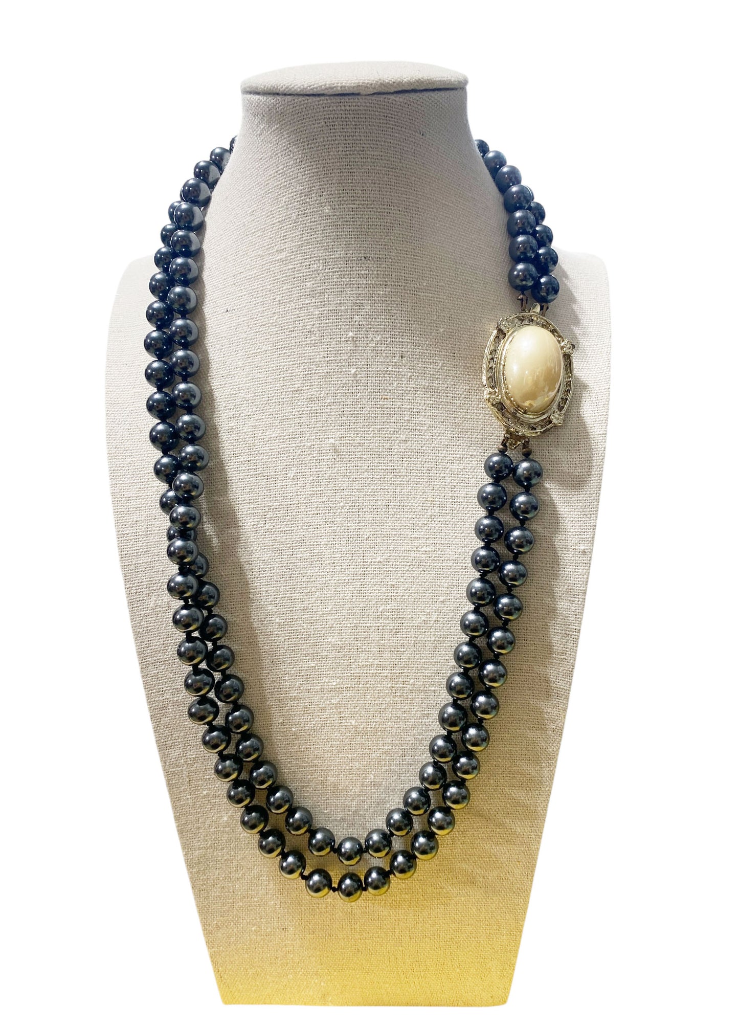 #22 Long Vintage two Strand Faux Black Pearl with Beige  Focal Necklace