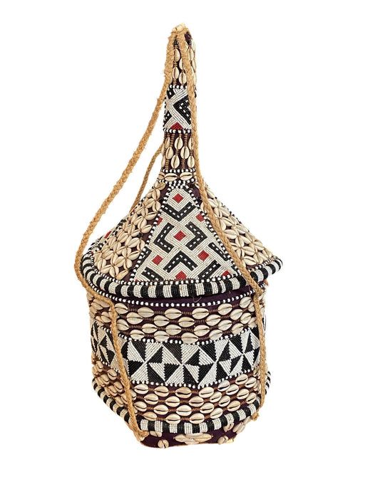 #1120 Vintage Large Kuba Royal Beaded Basket Congo 24" H