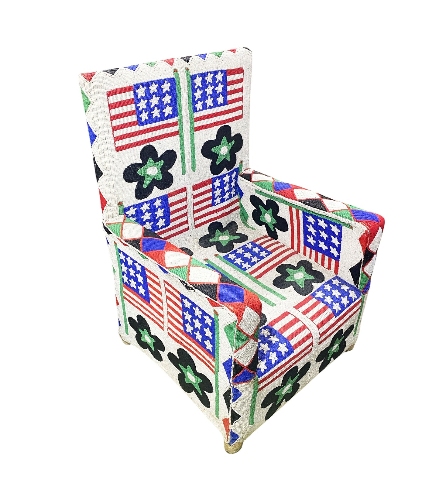 #1141 Vintage  African Nobility Nigerian Yoruba Beaded ArmChair W/ Stylized American flags.