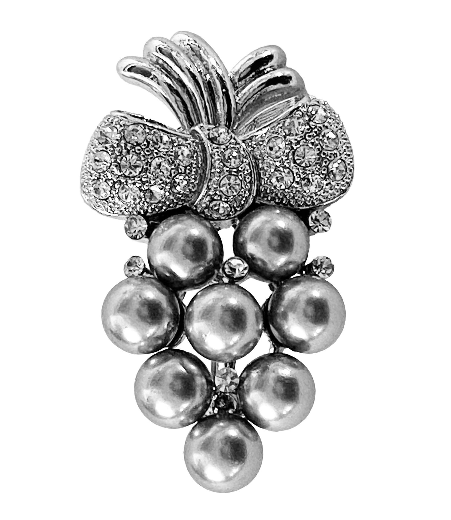 #7185 Vintage Brooch/ Pin Silver Tone Grape Faux Pearl & Rhinestones 1.5 Inch