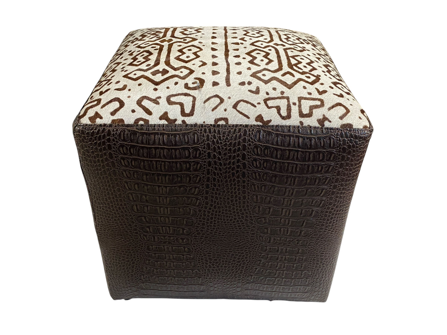 #7341 Custom Made Square Brown and White Ottoman w/Leather Top 13.5" H