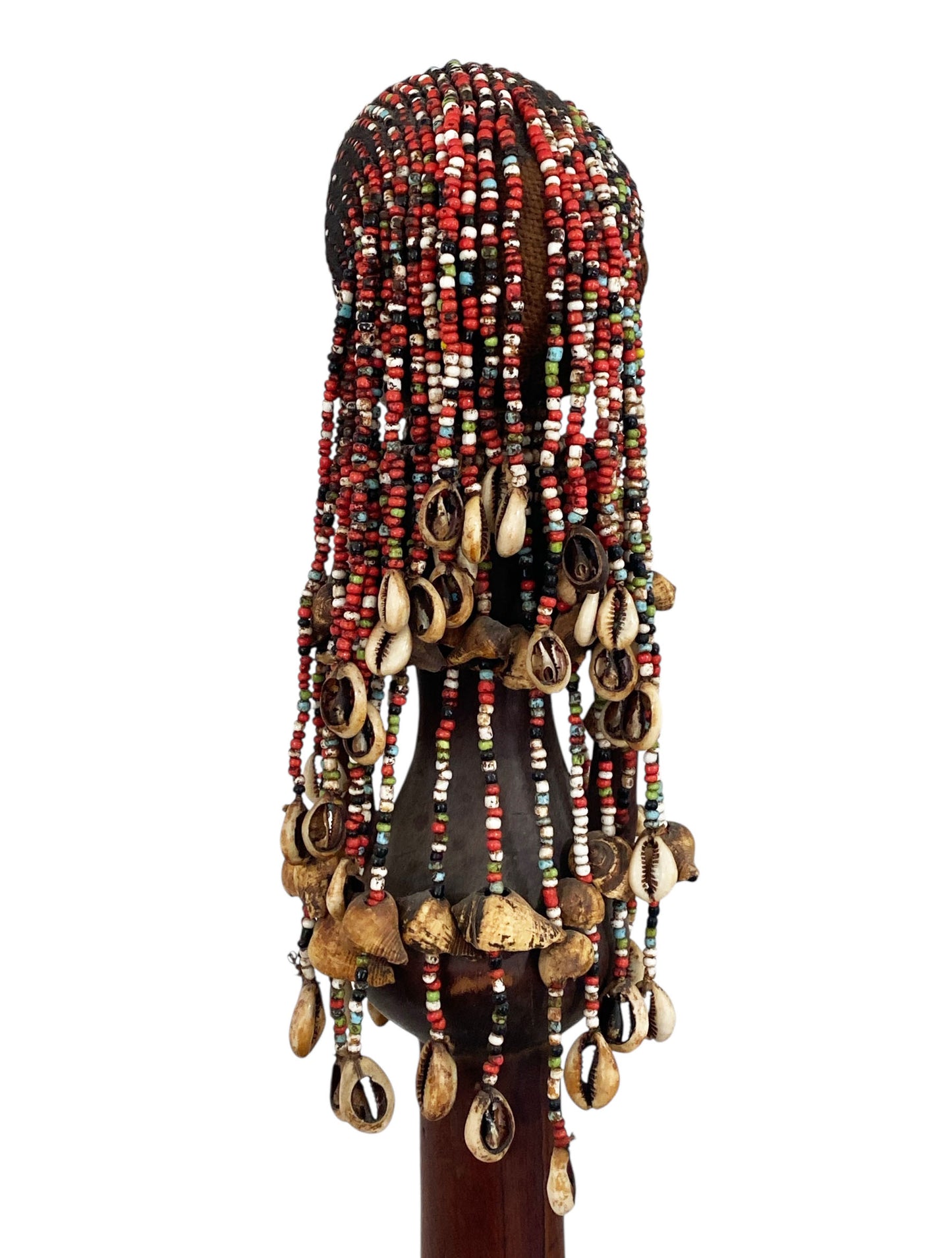 #1163 LG Vintage African Carved Wood w/ Trade Beads Shells  Namji Fertility Doll 31" H