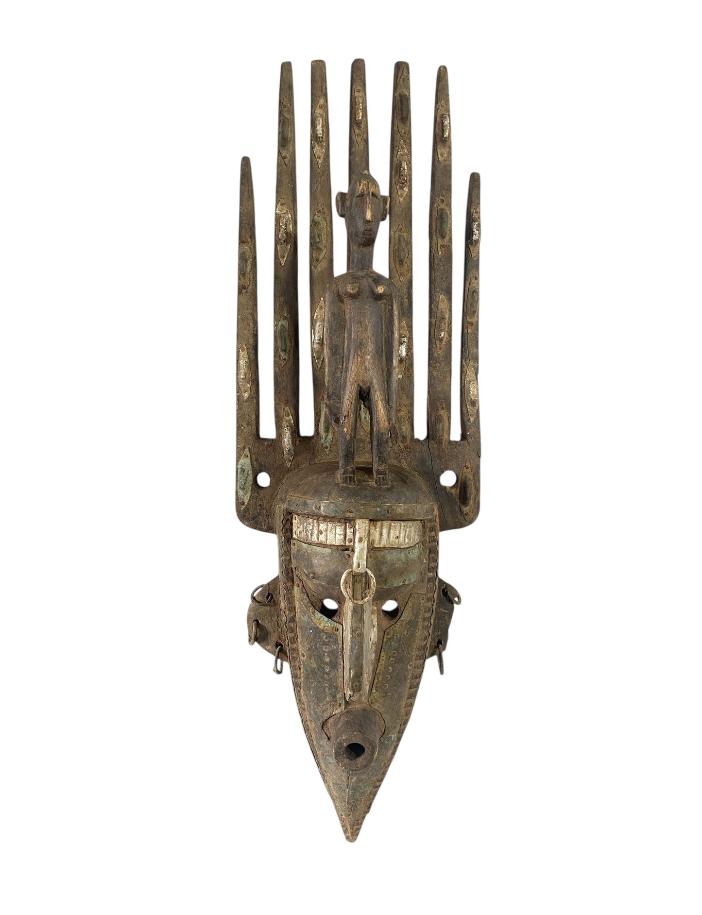 #1171 Vintage  African Bamana Ntomo Marka Mask W/ Aluminum 29.5" H