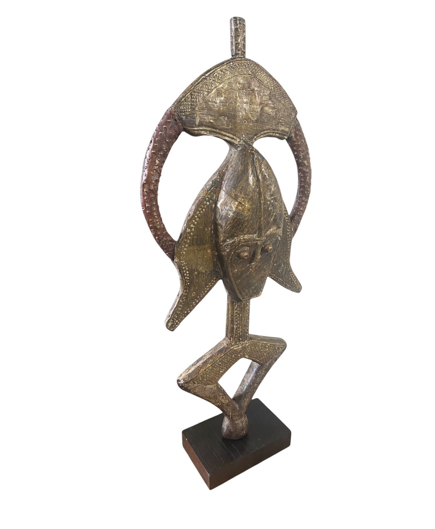 #1188 VTG Bakota Brass and wood  Sculpture w/Stand 25.75" H